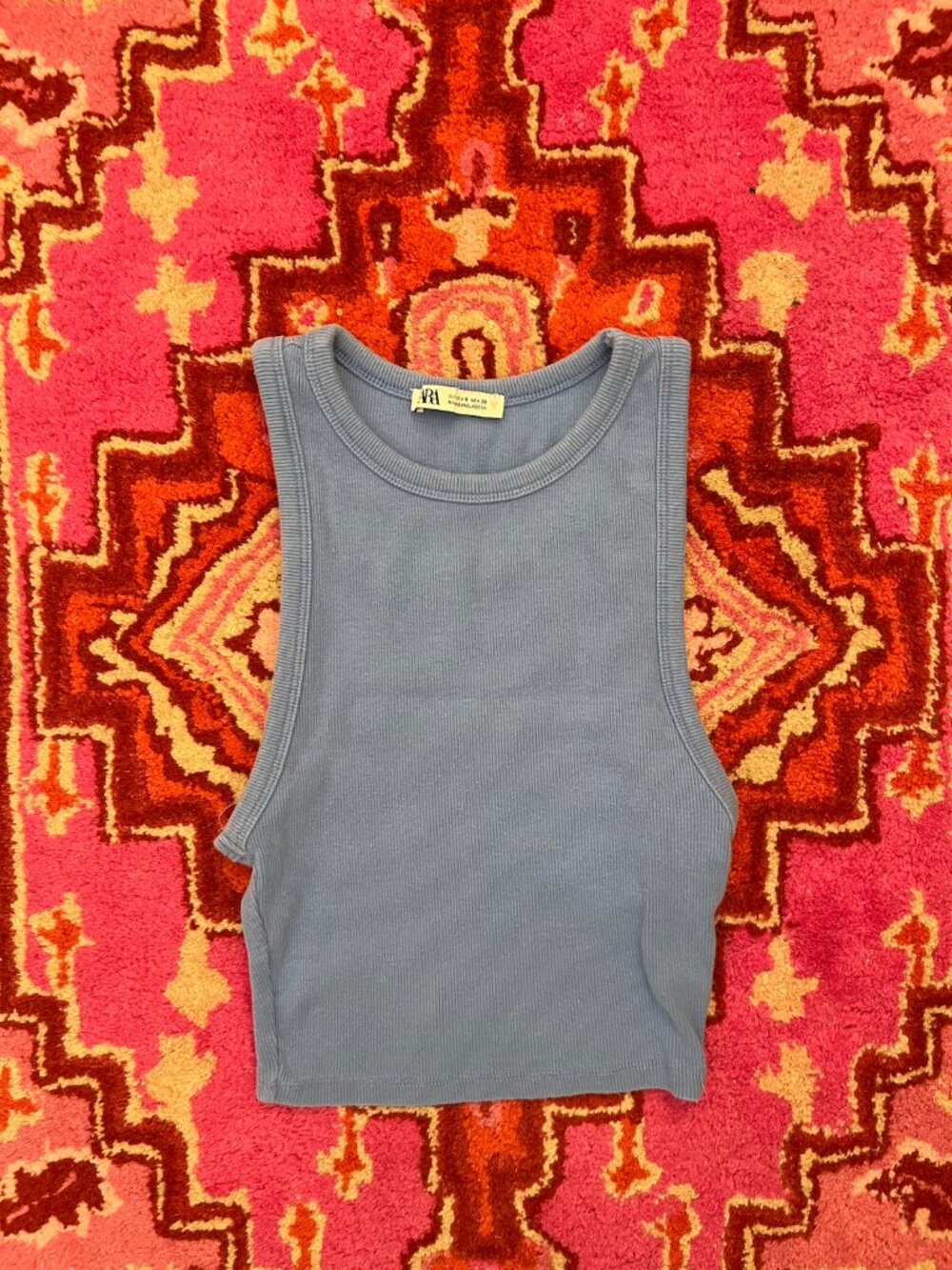 Zara Blue High Neck Cropped Ribbed Tank Top